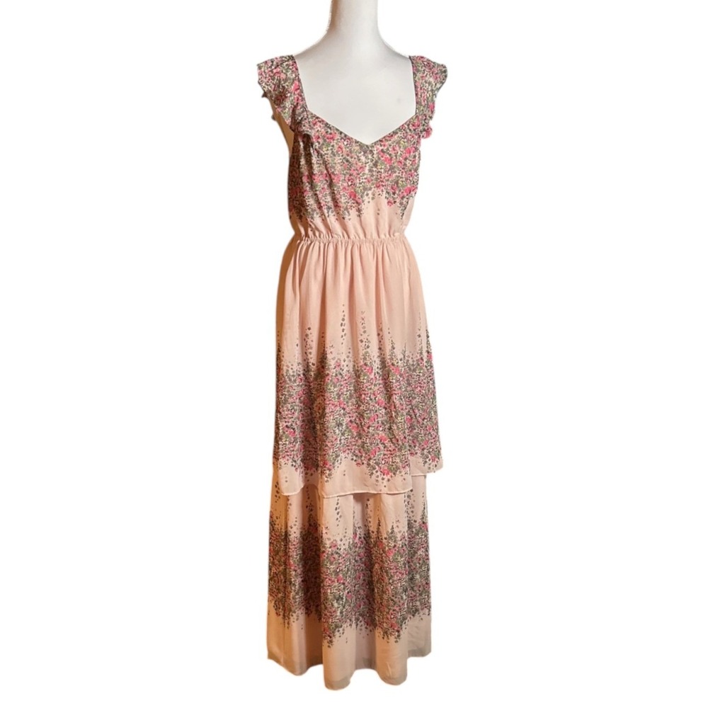 Fairy Floral Flutter Sleeve Tiered Maxi Dress Pink XS Cottagecore Romantic Fem